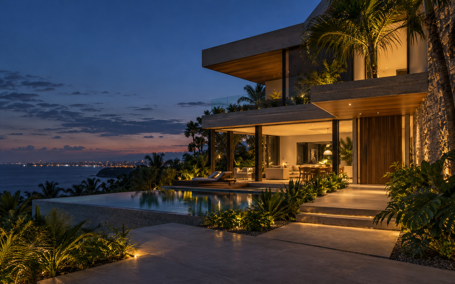 Residência contemporânea com iluminação acolhedora ao entardecer